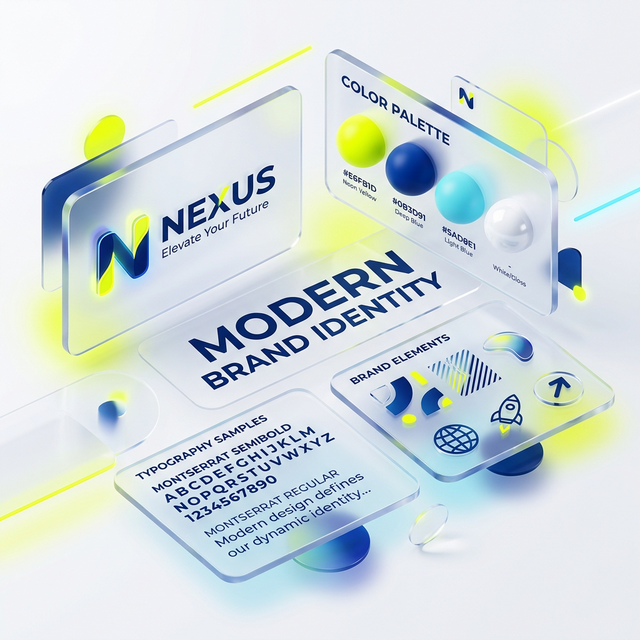 Brand identity design elements showing modern logos and color palettes